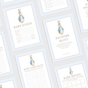 Giochi modificabili per baby shower di Peter Rabbit, bundle di giochi per baby shower di Beatrix Potter, attività per baby shower blu, previsioni e consigli per il bambino P001
