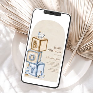 It's A Boy Baby Shower Digital Invitation, Wooden Boho Toys And Letter Blocks Baby Shower Electronic Invitation, Boy iPhone Invitation, B01