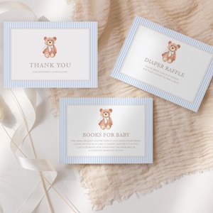 Carte tombola livre baby shower et couches pour bébé ours en peluche, carte de remerciement baby shower garçon, baby shower classique | Modèle imprimable A07