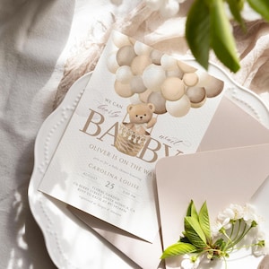 Geschlechtsneutrale Bär-Babyparty-Einladung, können wir Bären-Warte tragen, Teddybär-Ballons, bearbeitbare Bären-Einladung, Boho-Babyparty