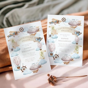 Inbjudan till babyshower med äventyr väntar, inbjudan till babyshower med luftballong, inbjudan till flygplansdusch, vintageflygplan, resetema