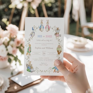 May include: A gender reveal invitation featuring illustrations of Peter Rabbit characters. The invitation has the text "HE or SHE" and "What will our baby be?" with the names Sophia and William, and event details.