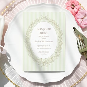 Invito per baby shower verde Ladurée, invito Bonjour Bebe, compleanno di caffè francese, baby shower per il tè pomeridiano, principessa, invito vittoriano L01