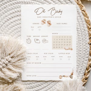 Modèle de carte personnalisé de prédictions et de conseils pour baby shower bohème, prédictions de bébé classiques, jeu de prédictions instantanées modifiable