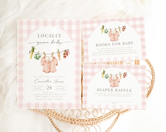 May include: Pink and white gingham baby shower invitation with a watercolor illustration of a baby onesie hanging on a clothesline with vegetables and fruit. The text reads "Locally grown baby" and "Join us for a baby shower honoring Camellia Jones".