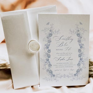 Blue Bridal Shower Invitation, Toile de Jouy Invite, Something Blue Before I Do, Chinoiserie Bridal Shower, Dusty Blue Invite, Victorian C01
