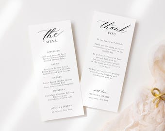 Modernes Menü & Dankeskarten-Vorlage, Hochzeitsmenükarte, Serviettennotizkarte, Dankeskarten-Set, Willkommen und Danke, Gedeck Karten W01