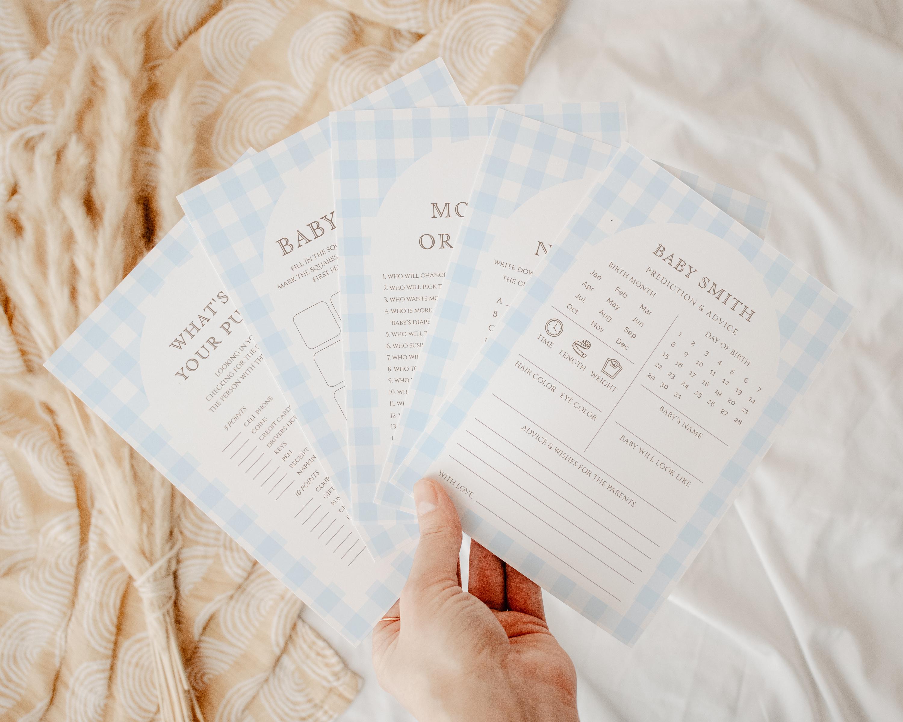 Editable Blue Gingham Baby Shower Games, Classic Boy Baby Shower Games Bundle, Locally Grow Farmers Market, Baby Prediction and Advice F01