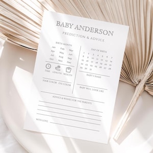 Modèle de carte personnalisé de prédictions et de conseils pour baby shower minimaliste, prédictions de bébé classiques, jeu de prédictions instantanées modifiable