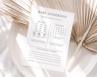 May include: A printable baby shower game card titled "Baby Anderson Prediction & Advice". The card includes sections for guests to predict the baby's birth month, day of birth, time, length, weight, hair colour, eye colour, baby's name, and what the baby will look like. There is also a section for advice and wishes for the parents.