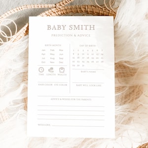 Modèle de carte de prévisions et de conseils de baby shower minimaliste, prévisions de bébé classiques, jeu de baby shower, conseils et souhaits A07