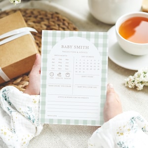 Plantilla de tarjeta con predicciones y consejos para baby shower de cuadros verdes, predicciones clásicas para bebés, baby shower campestre, consejos y deseos F01