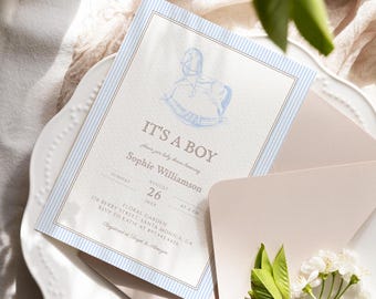 Rocking Horse Baby Shower Invitation, Blue Classic Printable Invitation Template, Baby Boy Blue Buffalo Invitation, Toile Blue Horse H01