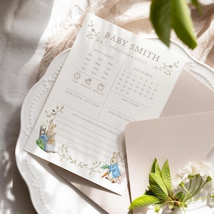 Bewerkbare kaartsjabloon Peter Rabbit-babyshowervoorspellingen en advies, bewerkbare rustieke konijnenspellen, Beatrix Potter-advies en wensen R05