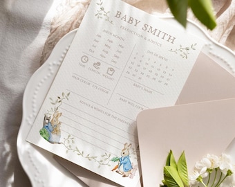 Editable Peter Rabbit Baby Shower Predictions And Advice Card Template, Editable Rustic Bunny Games, Beatrix Potter Advice & Wishes R05