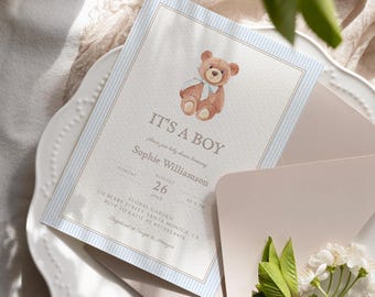 Teddy Bear Baby Shower Invitation, We Can Bearly Wait, Classic Blue Stripes,  A07