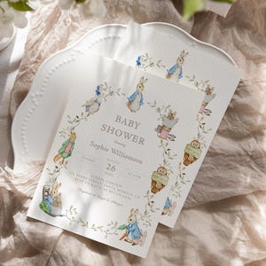 Invito per baby shower Peter Rabbit, modello di invito rustico modificabile per coniglietto, baby shower per bambini stampabile, download immediato, Beatrix Potter R05