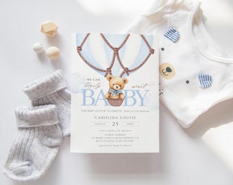 Jungen-Teddybär-Heißluftballon-Babyparty-Einladung, können wir Bären-Babyparty einladen, Boho blauen Bären-Einladung, Jungen-Babyparty warten