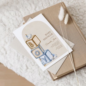 Invitación para baby shower de niño, juguetes bohemios de madera y bloques de letras, invitación Oh Boy, baby shower rústico, B01