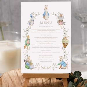 Menú de baby shower de Peter Rabbit, estilo cuento de hadas, editable, rústico, para niña y niño, rosa y azul (R05)