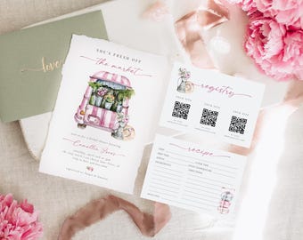 Fresh Off The Market Bridal Shower Invitation Suite, Pink Bridal Shower Recipe, Farmer's Market Invite, Flower Shop Bridal Shower Invite M04