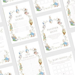 Giochi modificabili per baby shower di Peter Rabbit, giochi modificabili per conigli rustici, giochi modificabili per baby shower di Beatrix Potter, previsioni e consigli per il bambino R05
