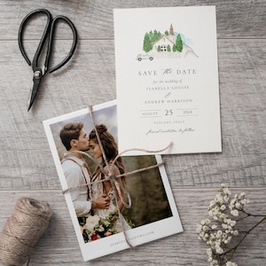 Italian Watercolor Venue Photo Save The Date Invitation, Mediterranean wedding, Mountain Wedding, Italian Vintage villa, Tuscany wedding