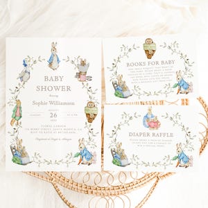 Peut inclure: Un ensemble de trois cartes imprimables pour une fête prénatale. Les cartes présentent des illustrations de personnages de Peter Rabbit et un texte qui dit "Baby Shower", "Livres pour bébé" et "Tombola de couches".