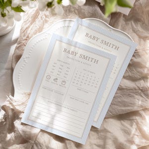 Plantilla de tarjeta minimalista con predicciones y consejos para baby shower, predicciones clásicas para bebés en azul, juego para baby shower, consejos y deseos A07