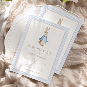 Invito per baby shower Peter Rabbit, modello di invito coniglietto rustico modificabile, baby shower per bambini stampabile, download immediato, Beatrix Potter P001