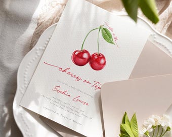 Cherry Baby Shower Invitation, Cherry on top Invite, Girl Baby Shower Invite, Coquette, Pink Bow Berries, Little Berry