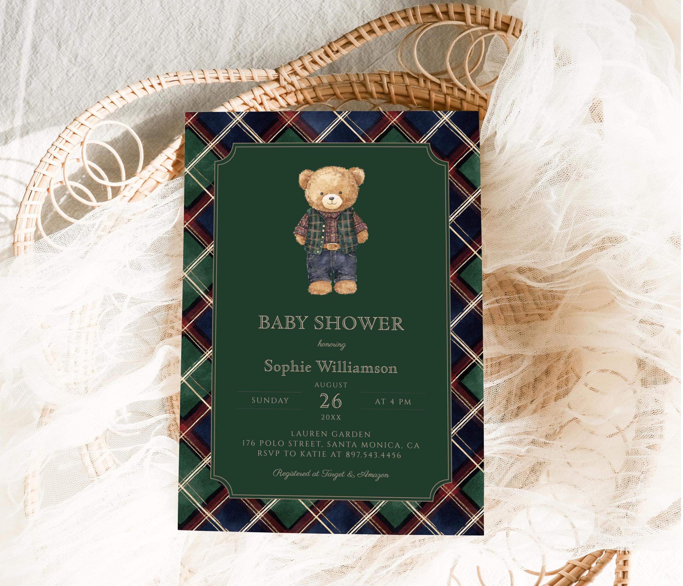 Vintage Polo Teddy Bear Baby Shower Invitation Bundle, Green Tartan ...