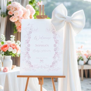 Toile De Jouy Baby Shower Pink Placa de boas-vindas, Chinoiserie Pink Shower, Placa vitoriana, Floral, Placa de festa rosa pastel, Festa no jardim C01
