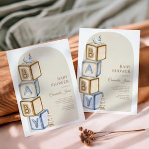 Invitación para baby shower de estilo boho, juguetes de madera y bloques de letras, invitación para baby shower, baby shower minimalista, género neutro B01