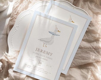 May include: A blue and white striped invitation with a watercolor illustration of a goose wearing a party hat. The text reads "Jeremy is one silly goose, join us to celebrate, Sunday, August 26, 20XX, at 8 PM, Floral Garden, 476 Berry Street, Santa Monica, CA, RSVP to Katie at 892.543.4416."