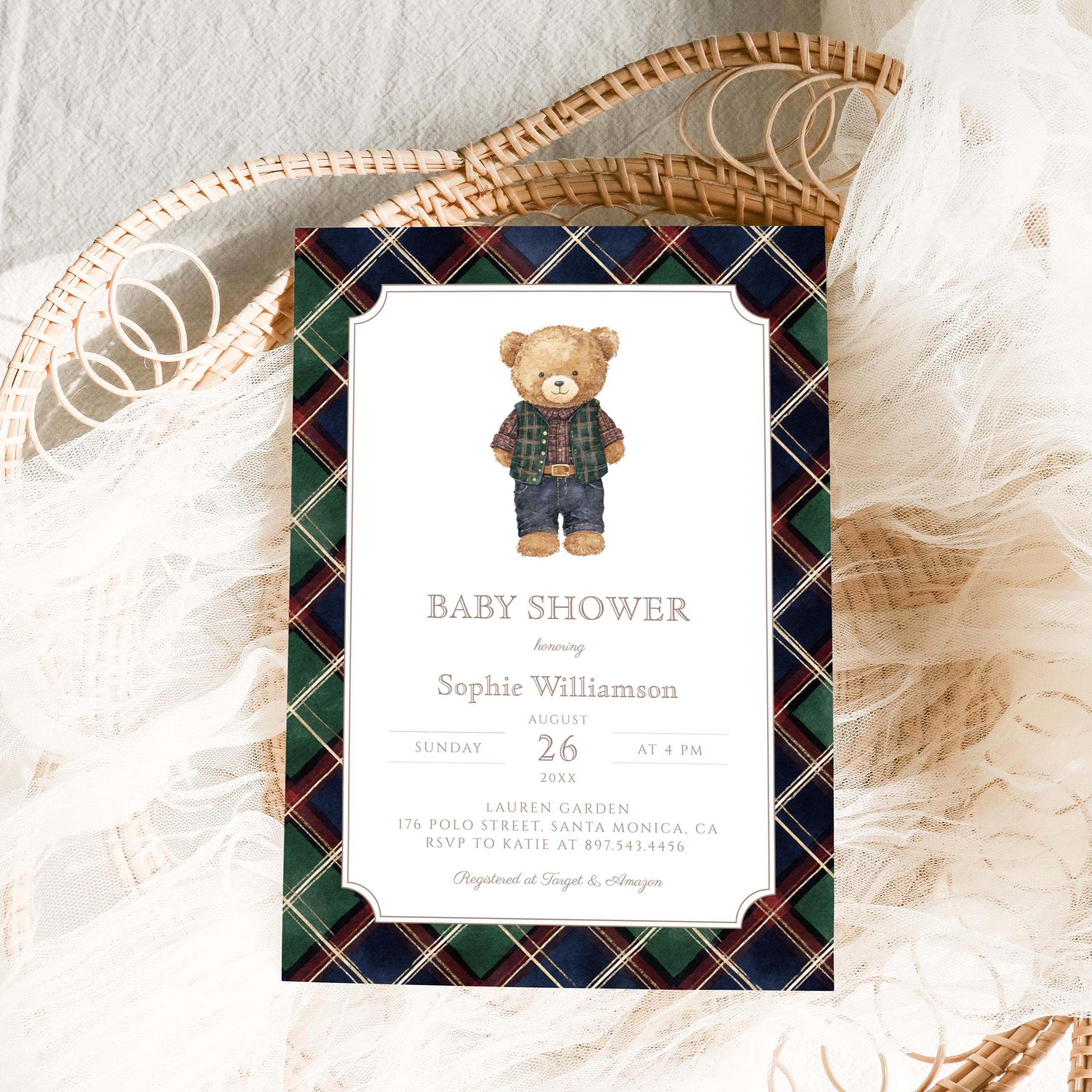 Vintage Polo Teddy Bear Baby Shower Invitation, Green Tartan Plaid ...