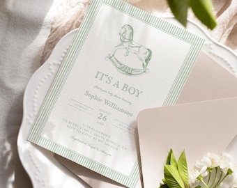 Baby showeruitnodiging hobbelpaard, saliegroen klassieke afdrukbare uitnodigingssjabloon, genderneutraal, Buffalo-uitnodiging, groene toile H01