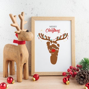 Weihnachten Fußabdruck Poster Rentier, Xmas Footprint Art Craft, Baby Kinder Kleinkind Füße / Handabdruck