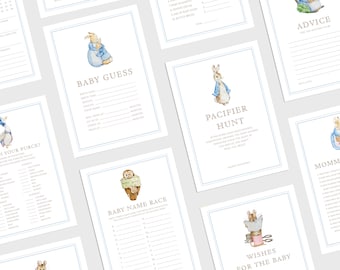 Editable Peter Rabbit Baby Shower Games, Beatrix Potter Baby Shower Games Bundle, Blue Baby Shower Activity, Baby Prediction & Advice R07