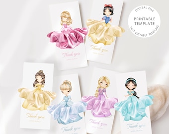 May include: Set of six printable thank you cards featuring different Disney princesses in their signature gowns. Each card has a princess with a pink, yellow, blue, purple, or turquoise gown. The text "Thank you" is printed on each card.