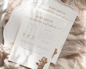 Plantilla de tarjeta con predicciones y consejos para baby shower "Podemos esperar", predicciones con temática de osito de peluche, juego de baby shower, consejos y deseos (B02)
