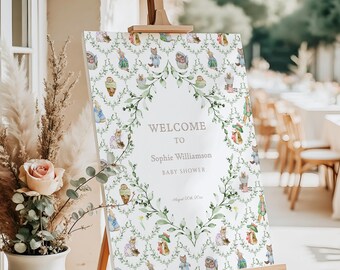 Peter Rabbit Baby Shower Greenery Welcome Sign, Storybook, Floral Romantique, Beatrix Potter R08