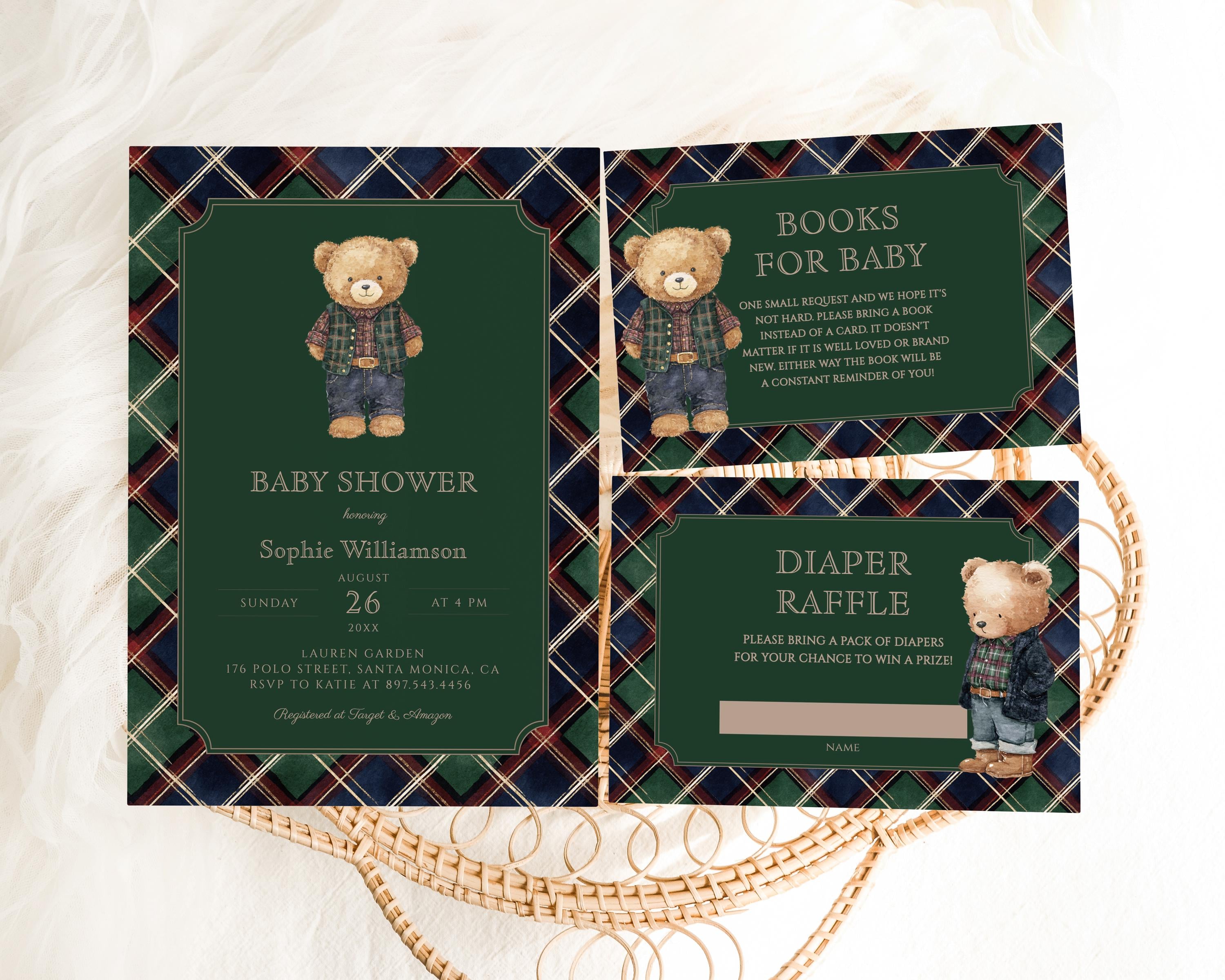 Vintage Polo Teddy Bear Baby Shower Invitation Bundle, Green Tartan ...