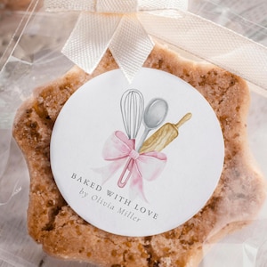 Baked With Love Personalized Round Sticker, Pink Bow Sticker, A Sweet Thank You Tag, Cookie Sticker, Labels for Homemade Baked Goods