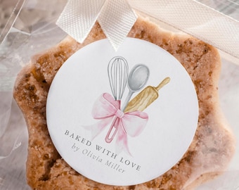 Baked With Love Personalized Round Sticker, Pink Bow Sticker, A Sweet Thank You Tag, Cookie Sticker, Labels for Homemade Baked Goods