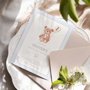 Invito di compleanno a tema orsetto, invito neutro per qualsiasi età, invito di compleanno boho per il primo compleanno dell'orsetto, modello stampabile, invito per ragazzo BF1