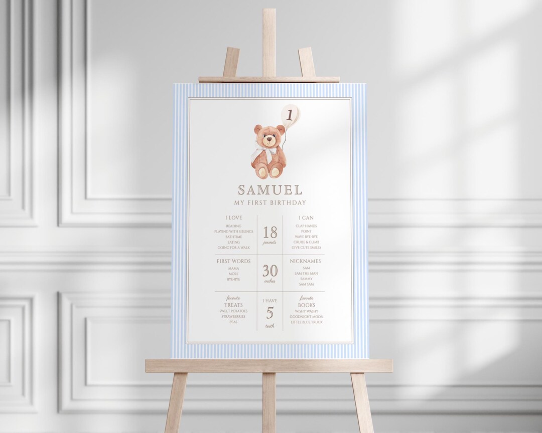 Teddy Bear 1st Birthday Milestone Poster, Minimalist Blue Stripe Sign ...
