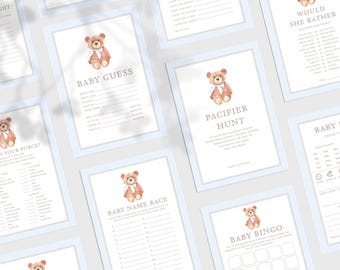 Puede incluir: Un conjunto de tarjetas de juego de baby shower imprimibles con una ilustración de un oso de peluche marrón. Las tarjetas incluyen juegos como "Baby Guess", "What's in Your Purse", "Baby Name Rage", "Pacifier Hunt", "Baby Bingo" y "Would She Rather".