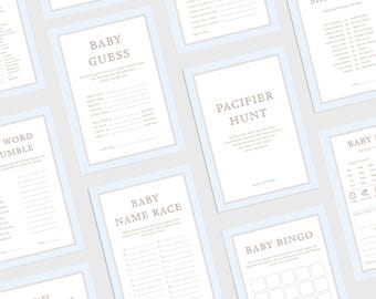 Editable Classic Blue Baby Shower Games, Blue Stripe Baby Shower Games Bundle, Baby Shower Activity, Baby Prediction and Advice H01, A07
