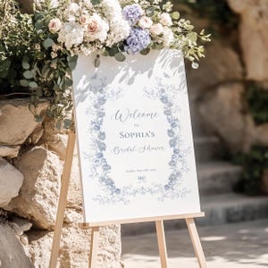 Toile De Jouy Baby Shower Welcome Sign, Blue Chinoiserie Bridal Shower, Victorian Sign, Floral, Dusty Blue Party Sign, Garden Party C01